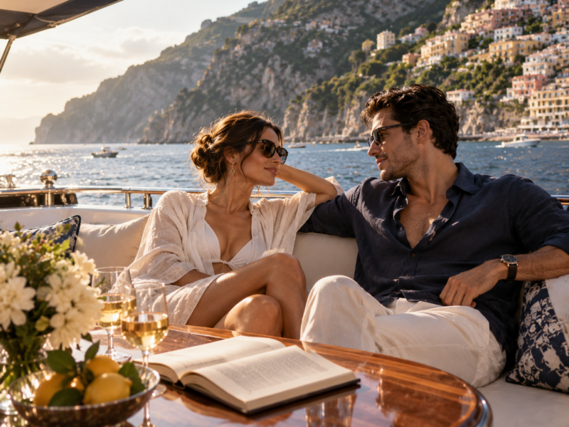 Luxury yacht sailing along the Amalfi Coast near Positano