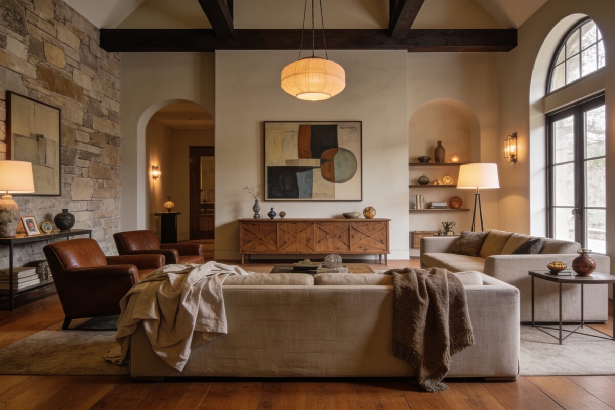 Elegant curated living room with art, natural materials and layered lighting