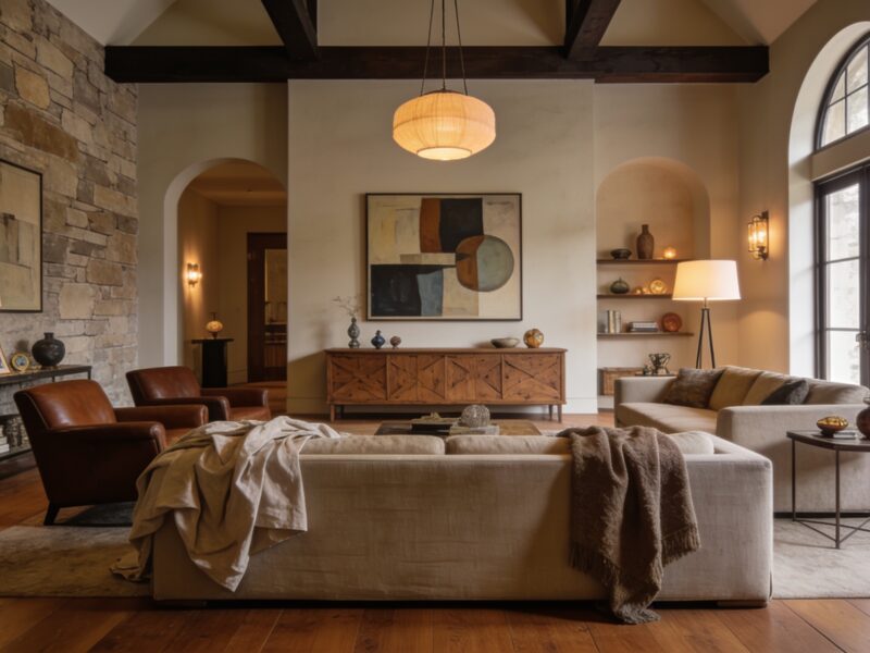 Elegant curated living room with art, natural materials and layered lighting