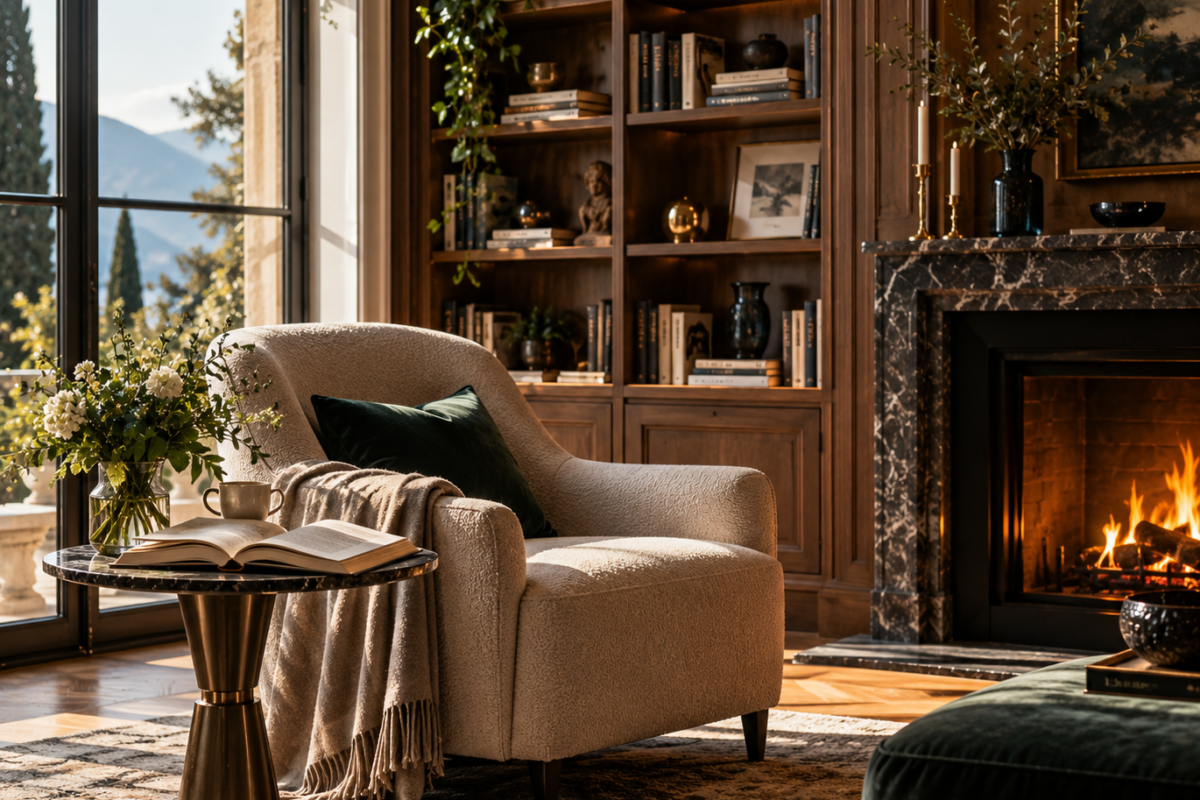 Elegant reading chair beside a library window during a quiet weekend