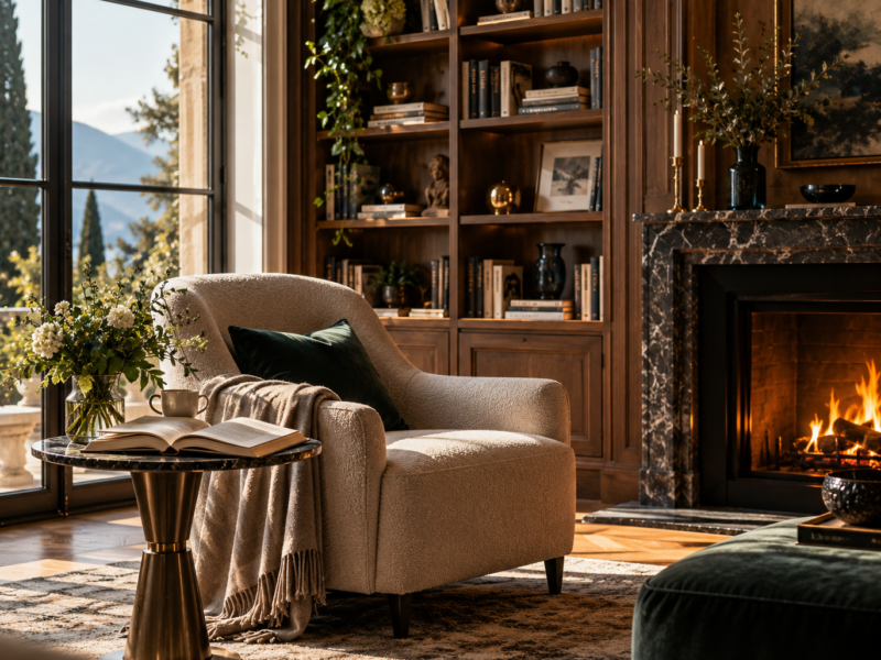 Elegant reading chair beside a library window during a quiet weekend