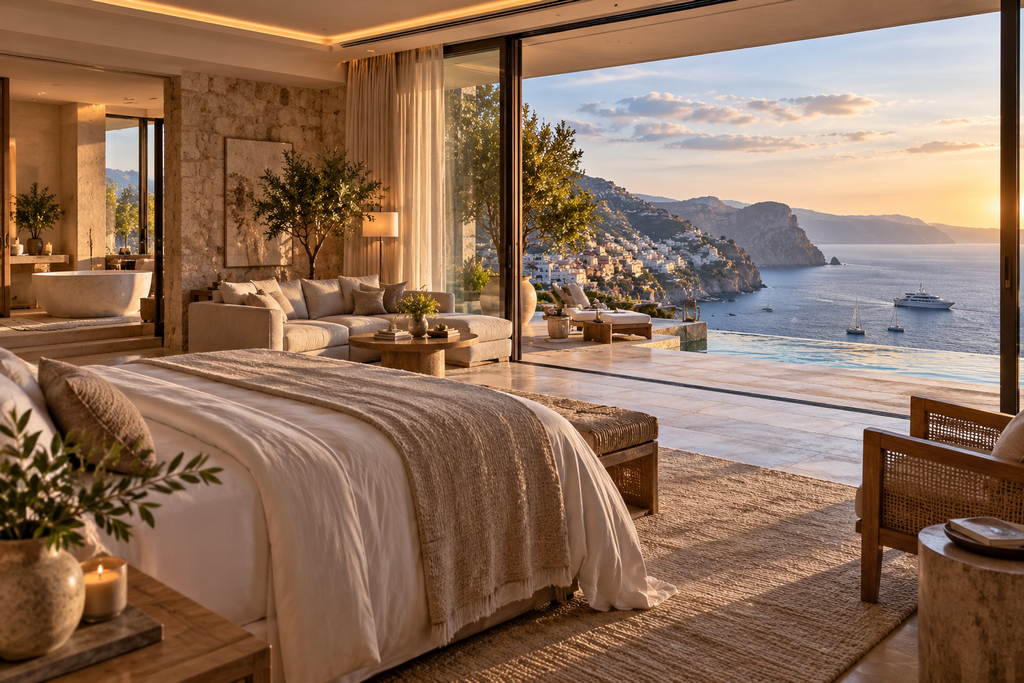 Luxury hotel suite overlooking a Mediterranean coastline