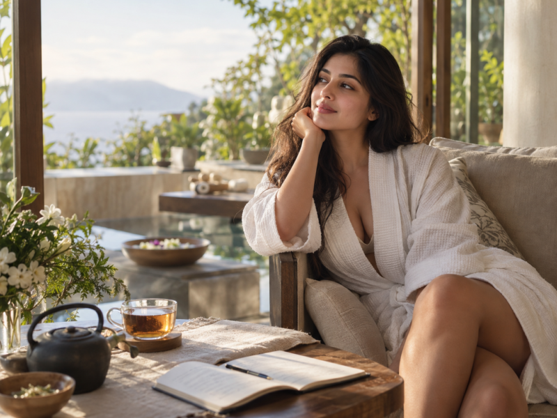 Woman enjoying a peaceful wellness and self-care routine in nature